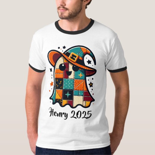 Gepersonaliseerde Schattigee Patchwork Ghost Hallo T-shirt (Voorkant)