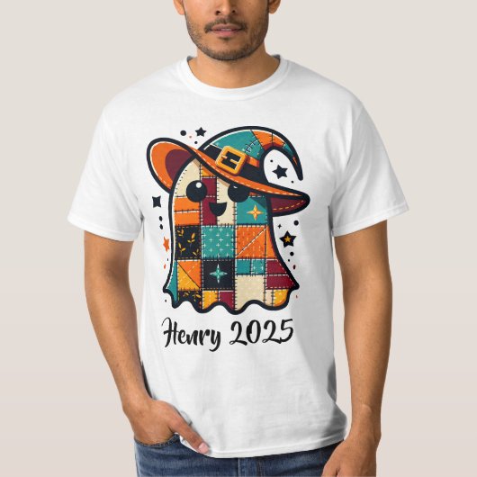 Gepersonaliseerde Schattigee Patchwork Ghost Hallo T-shirt (Voorkant)