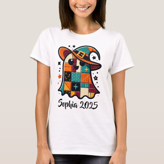 Gepersonaliseerde Schattigee Patchwork Ghost Hallo T-shirt (Voorkant)