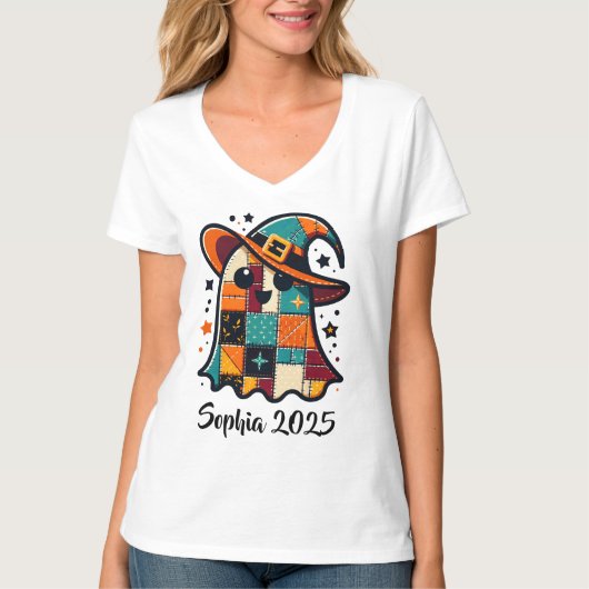 Gepersonaliseerde Schattigee Patchwork Ghost Hallo T-shirt (Voorkant)