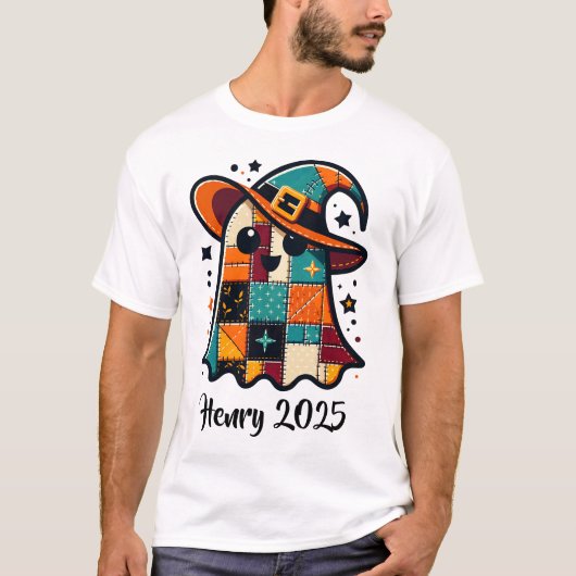 Gepersonaliseerde Schattigee Patchwork Ghost Hallo T-shirt (Voorkant)