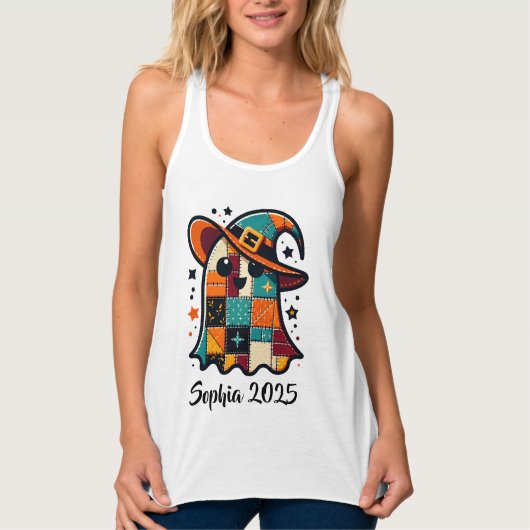 Gepersonaliseerde Schattigee Patchwork Ghost Hallo Tanktop (Voorkant)