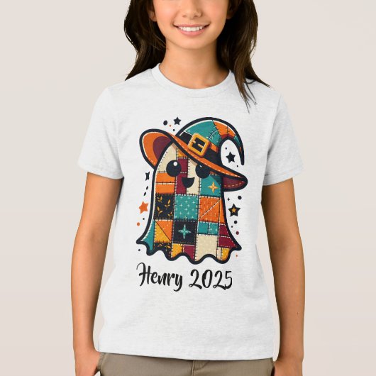 Gepersonaliseerde Schattigee Patchwork Ghost Hallo Tri-Blend Shirt (Voorkant)