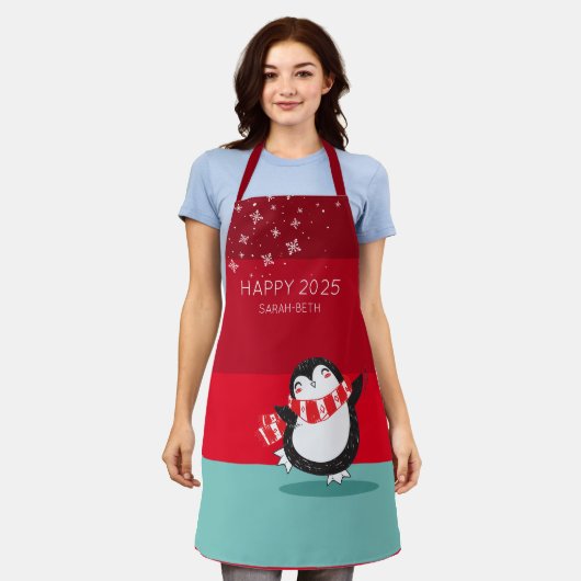 Gepersonaliseerde Schattigee Penguin Happy 20XX va Schort (Gedragen)