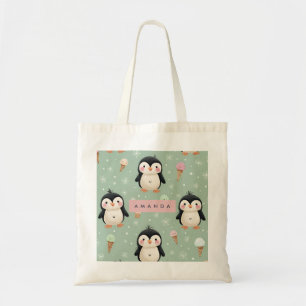 Gepersonaliseerde Schattigee pinguïn & ijs patroon Tote Bag