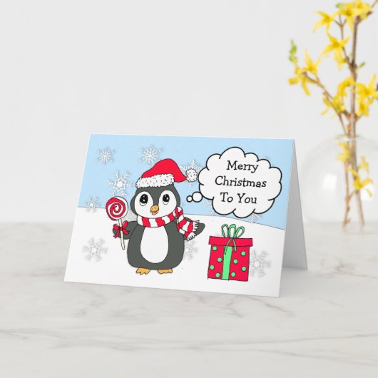 Gepersonaliseerde Schattigee pinguïn op winterdag  Kaart (Gele Bloem)