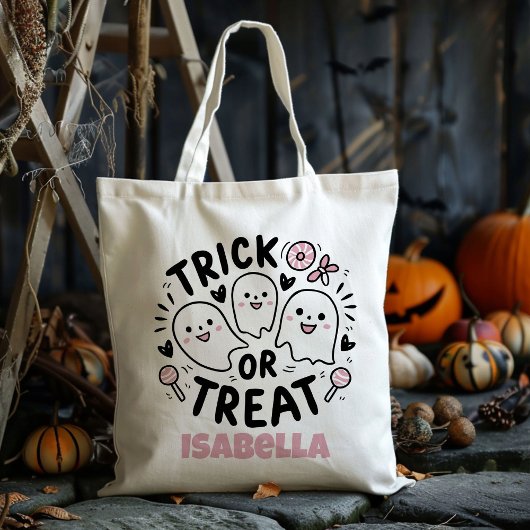 Gepersonaliseerde Schattigee Pink Ghost Trick or t Tote Bag