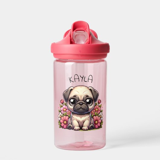 Gepersonaliseerde Schattigee Pug Puppy Dog Waterfles (Voorkant)