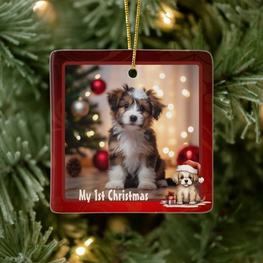 Gepersonaliseerde Schattigee Puppy Dog 1st Christm Keramisch Ornament (Boom)