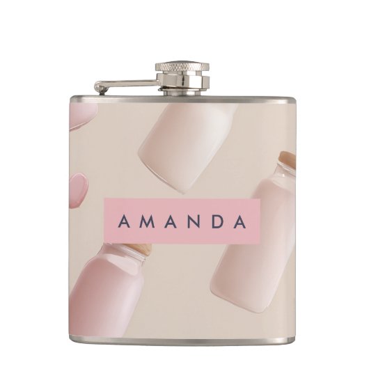 Gepersonaliseerde Schattigee Roze Cookie en Aardbe Heupfles (Voorkant)