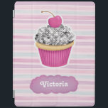 Gepersonaliseerde Schattigee Roze Cupcake iPad Sma iPad Cover<br><div class="desc">Deze iPad smart cover is versierd met een chique sprankelende cupcake met een kers erop. Dit girly notitieboek heeft een roze en paarse gestreepte achtergrond. Personaliseer het met jouw naam. Geweldig voor terug naar school. Ontworpen voor u door Blackberry Boulevard.</div>