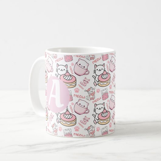 Gepersonaliseerde Schattigee Roze en Witte Kat Mok (Voorkant links)