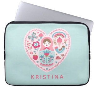 Gepersonaliseerde Schattigee Roze Hart Nesting Dol Laptop Sleeve