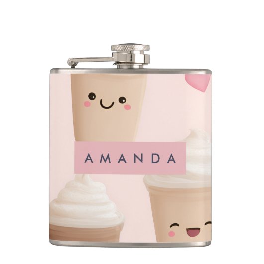Gepersonaliseerde Schattigee roze Kawaii Coffee Cu Heupfles (Voorkant)