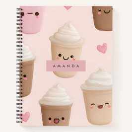 Gepersonaliseerde Schattigee roze Kawaii Coffee Cu Notitieboek