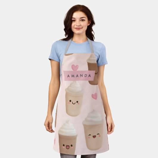 Gepersonaliseerde Schattigee roze Kawaii Coffee Cu Schort (Gedragen)
