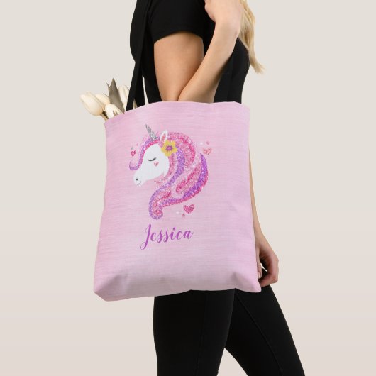 Gepersonaliseerde Schattigee Roze Meisje Eenhoorn  Tote Bag (Dichtbij)