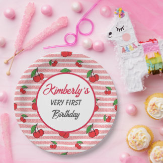 Gepersonaliseerde Schattigee roze strepen met kers Papieren Bordje
