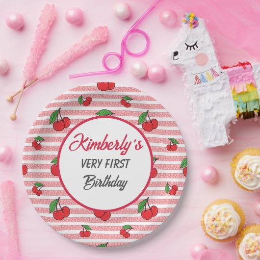 Gepersonaliseerde Schattigee roze strepen met kers Papieren Bordje (Feest)