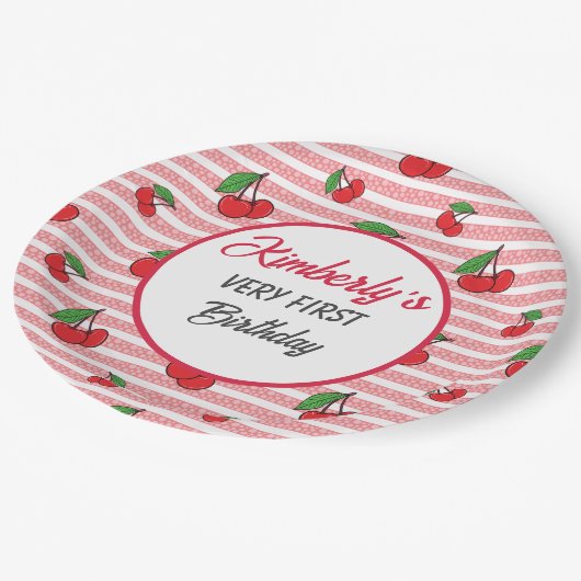Gepersonaliseerde Schattigee roze strepen met kers Papieren Bordje (Gekanteld)