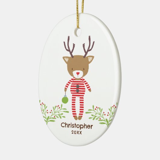 Gepersonaliseerde Schattigee rustieke rendier Kind Keramisch Ornament (Links)