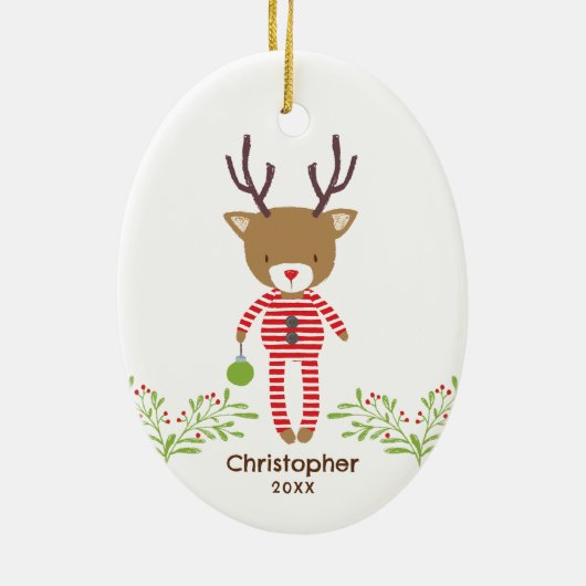 Gepersonaliseerde Schattigee rustieke rendier Kind Keramisch Ornament (Achterkant)