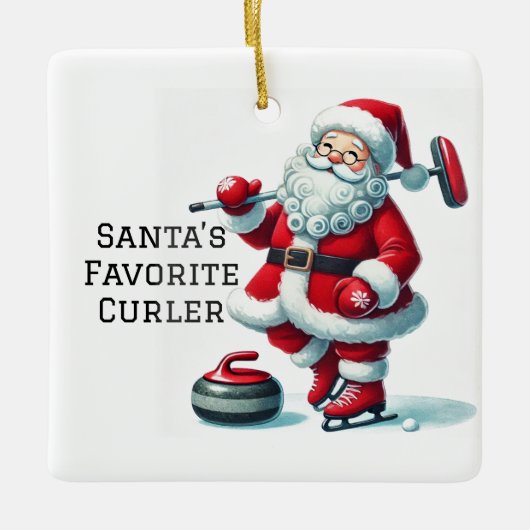 Gepersonaliseerde Schattigee Santa Curling Keramisch Ornament (Voorkant)
