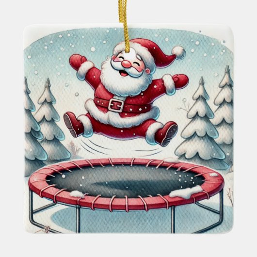 Gepersonaliseerde Schattigee Santa Jumping op Tram Keramisch Ornament (Voorkant)