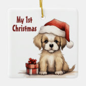 Gepersonaliseerde Schattigee Santa Puppy Dog 1e Ke Keramisch Ornament (Voorkant)