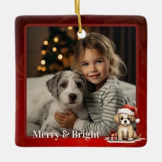 Gepersonaliseerde Schattigee Santa Puppy Dog Chris Keramisch Ornament (Voorkant)