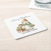 Gepersonaliseerde Schattigee sneeuwman & kerstcade Kartonnen Onderzetters (Schuin)