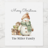 Gepersonaliseerde Schattigee sneeuwman & kerstcade Wijn Etiket (Enkel label)