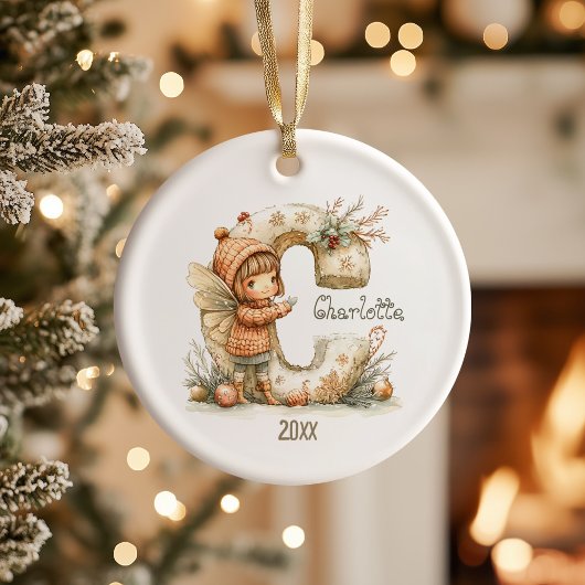 Gepersonaliseerde Schattigee Sprookje Kerst Initia Keramisch Ornament