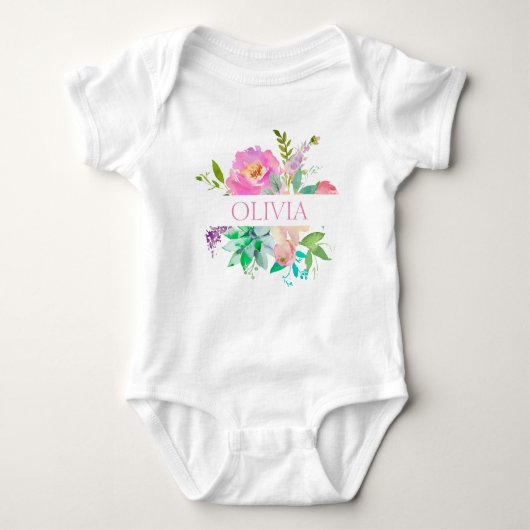 Gepersonaliseerde Schattigee Waterverf Bloemen Roz Romper (Voorkant)