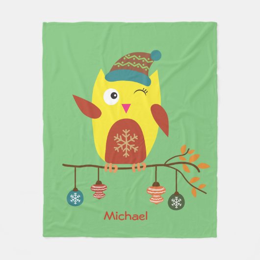Gepersonaliseerde Schattigee Winter Uil Kerstmis i Fleece Deken (Voorkant)