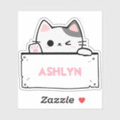 Gepersonaliseerde Schattigee Witte Grijze Kat Naam Sticker (Vel)