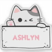 Gepersonaliseerde Schattigee Witte Grijze Kat Naam Sticker (Voorkant)