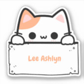 Gepersonaliseerde Schattigee witte kat naam label  (Voorkant)