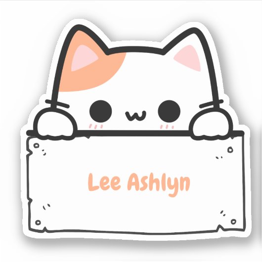 Gepersonaliseerde Schattigee witte kat naam label  (Voorkant)