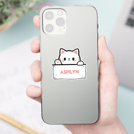 Gepersonaliseerde Schattigee Witte Kat Naam Sticke Sticker (Telefoon)