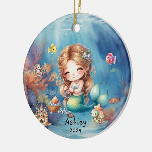 Gepersonaliseerde Schattigee Zeemeermin Oceaan Fot Keramisch Ornament (Links)