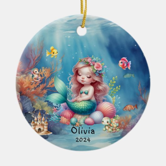 Gepersonaliseerde Schattigee Zeemeermin Oceaan Fot Keramisch Ornament (Voorkant)