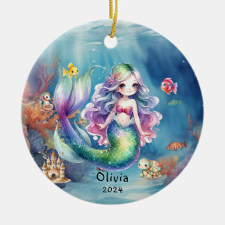 Gepersonaliseerde Schattigee Zeemeermin Oceaan Fot Keramisch Ornament