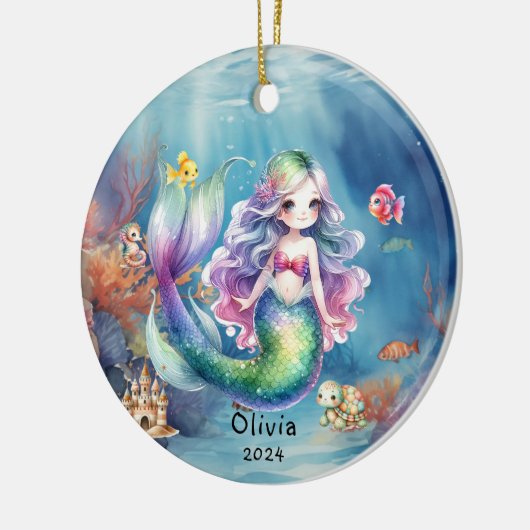 Gepersonaliseerde Schattigee Zeemeermin Oceaan Fot Keramisch Ornament (Links)