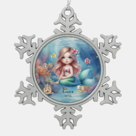 Gepersonaliseerde Schattigee Zeemeermin Oceaan Fot Tin Sneeuwvlok Ornament