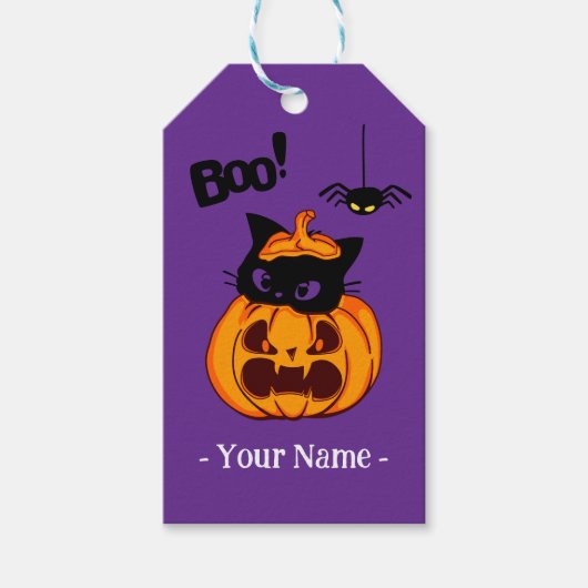 Gepersonaliseerde Schattigee zwarte kat in Jack O' Cadeaulabel (Voorkant)