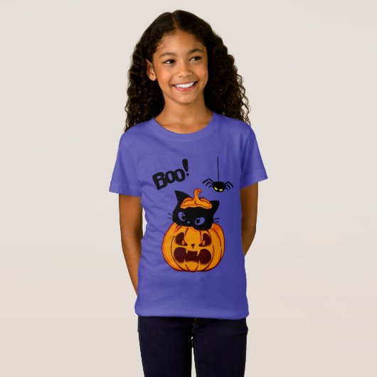 Gepersonaliseerde Schattigee zwarte kat in pompoen T-shirt (Voorkant volledig)