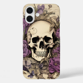 Gepersonaliseerde  schedel en paarse bloemen iPhone 16 plus hoesje