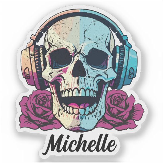 Gepersonaliseerde schedel met hoofdtelefoon waterd sticker (Voorkant)