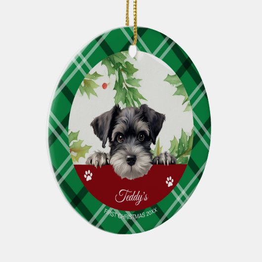 Gepersonaliseerde Schnauzer Eerste Kerstmis Keramisch Ornament (Rechts)